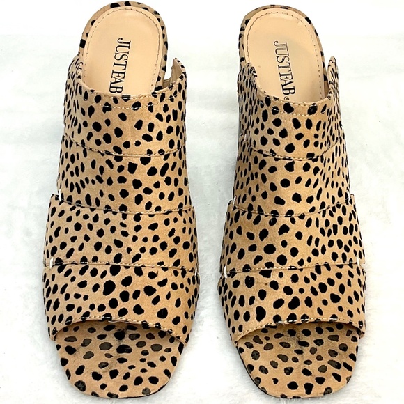 JustFab Gisele Cheetah Mule Sandal Tan Spot Faux Suede Block Heel Slip On Size 9 - Picture 6 of 10